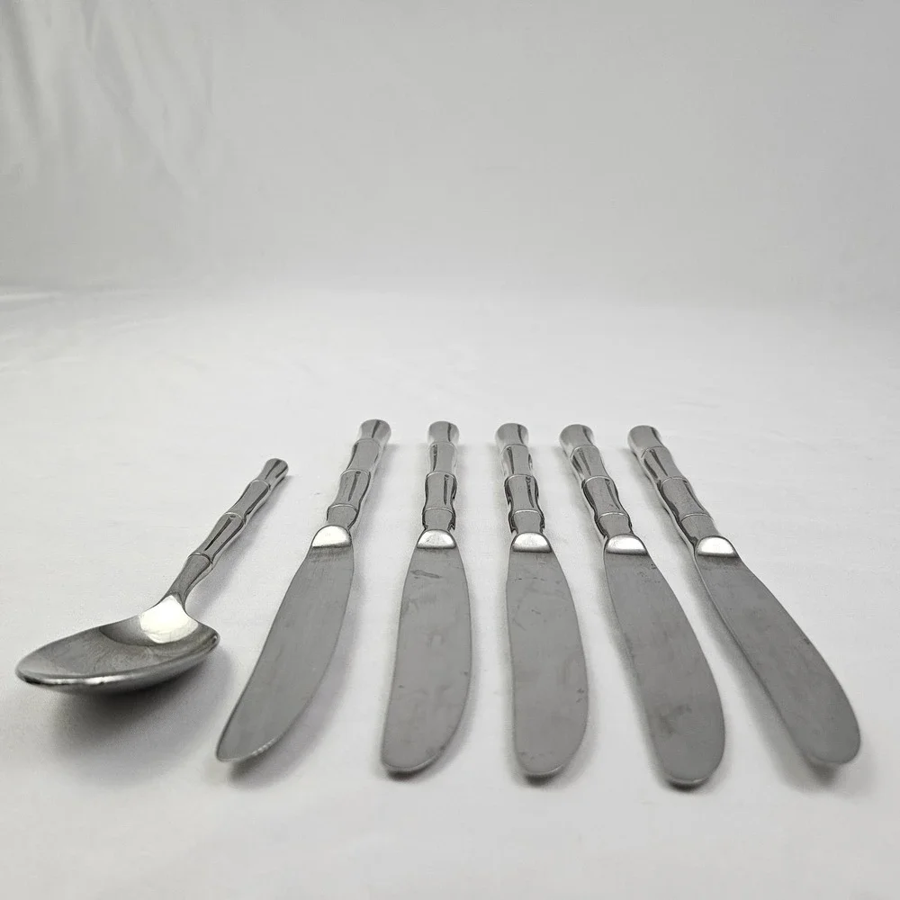 Bamboo Flatware 6 Piece KOREA Stainless Knives & Soup Spoon MCM Vintage